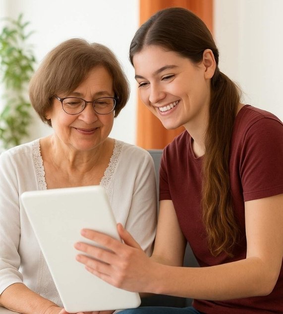 Caregiver showing senior woman how to use a digital device